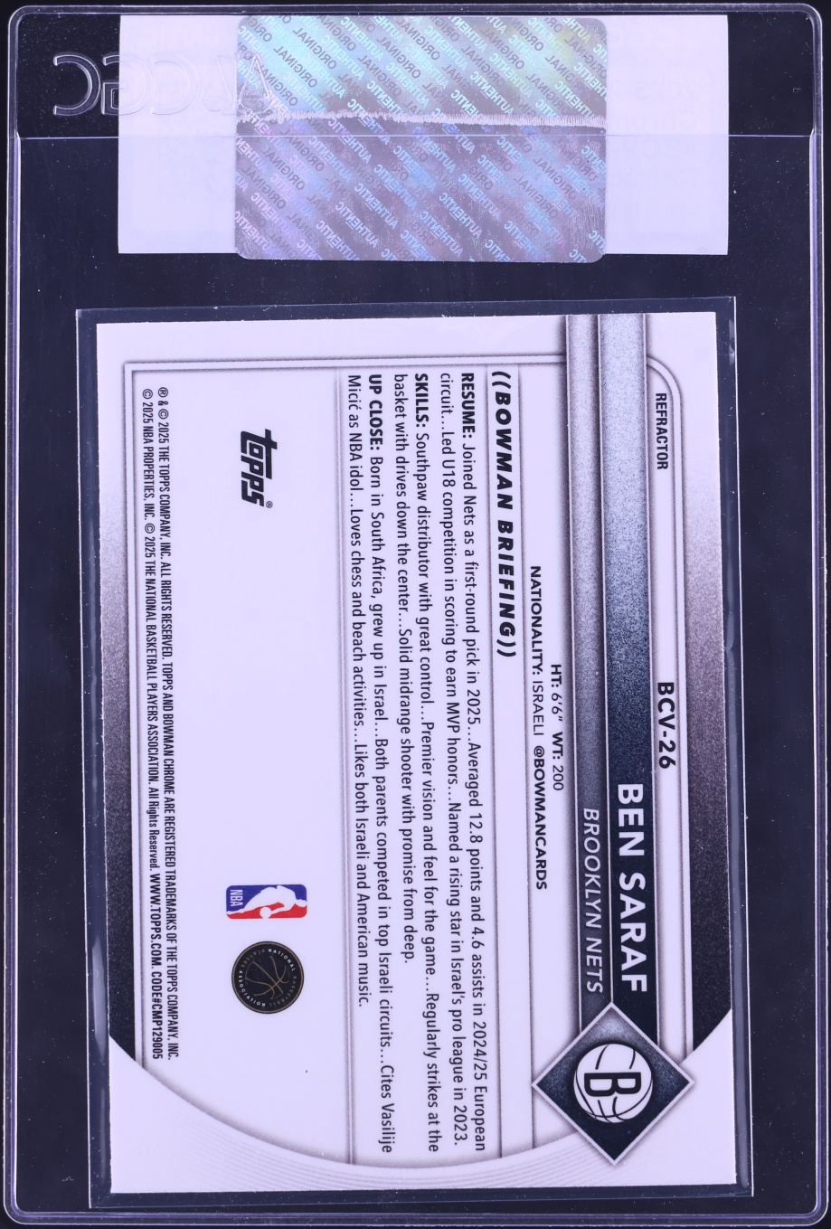 2025 Bowman Chrome Refractor Ben Saraf ROOKIE #BCV-26 CGC AUTH