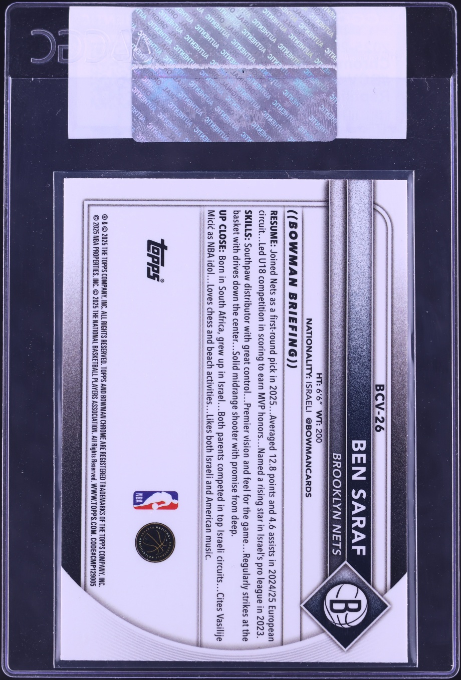 2025 Bowman Chrome Reptilian Refractor Ben Saraf ROOKIE #BCV-26 CGC AUTH
