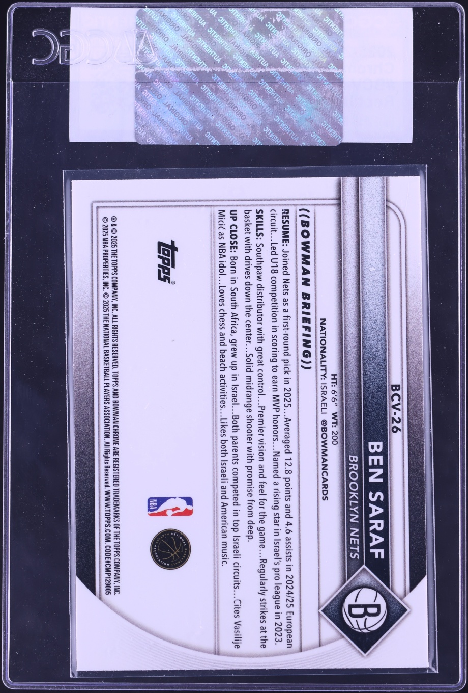 2025 Bowman Chrome Reptilian Refractor Ben Saraf ROOKIE #BCV-26 CGC AUTH