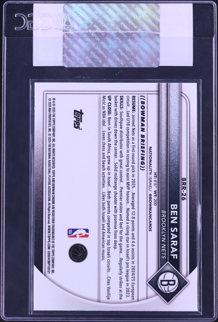 2025 Bowman Chrome Red Rookie Redemption Ben Saraf ROOKIE #BRR-26 CGC AUTH