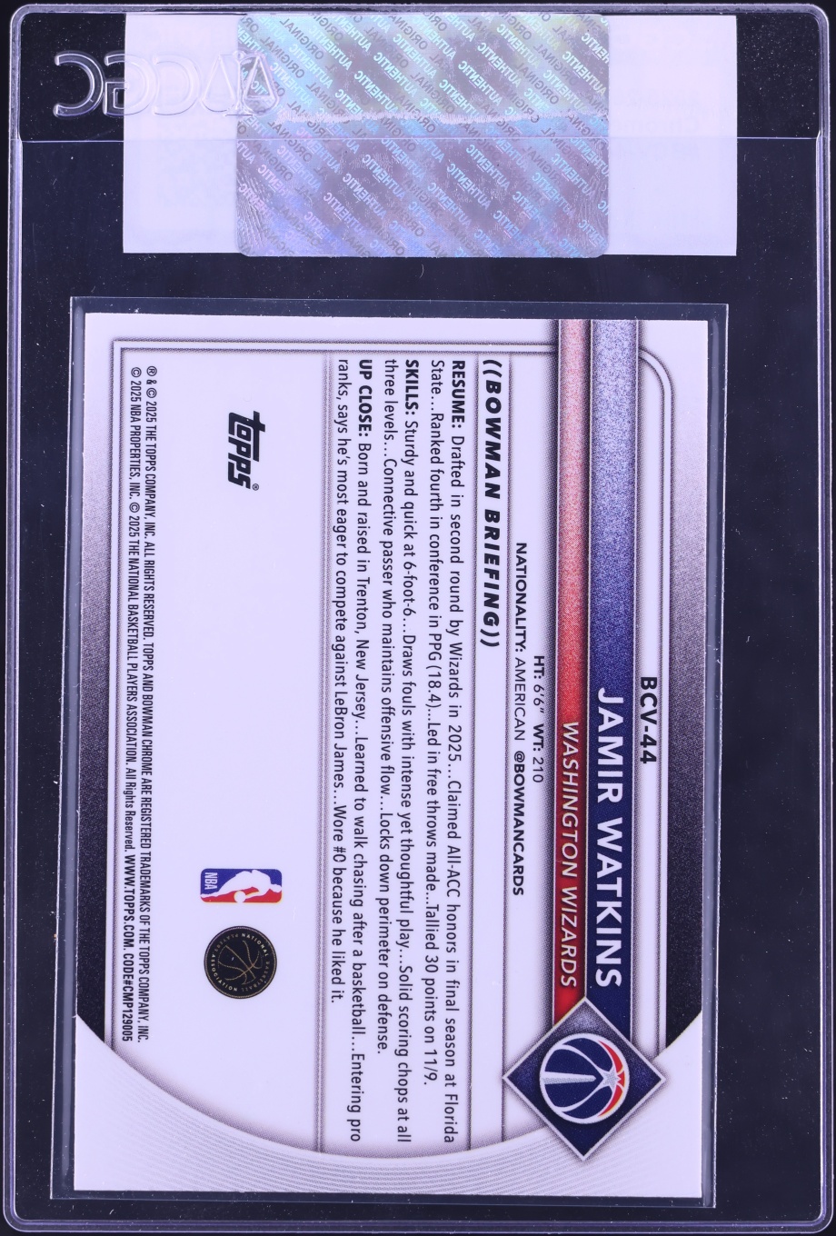 2025 Bowman Chrome Jamir Watkins ROOKIE #BCV-44 CGC AUTH
