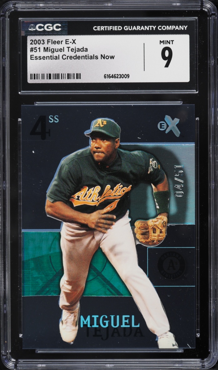 2003 Fleer E-X Essential Credentials Now Miguel Tejada JERSEY # 4/51 #51 CGC 9 MINT