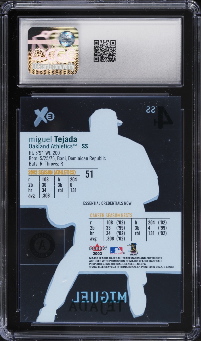 2003 Fleer E-X Essential Credentials Now Miguel Tejada JERSEY # 4/51 #51 CGC 9 MINT
