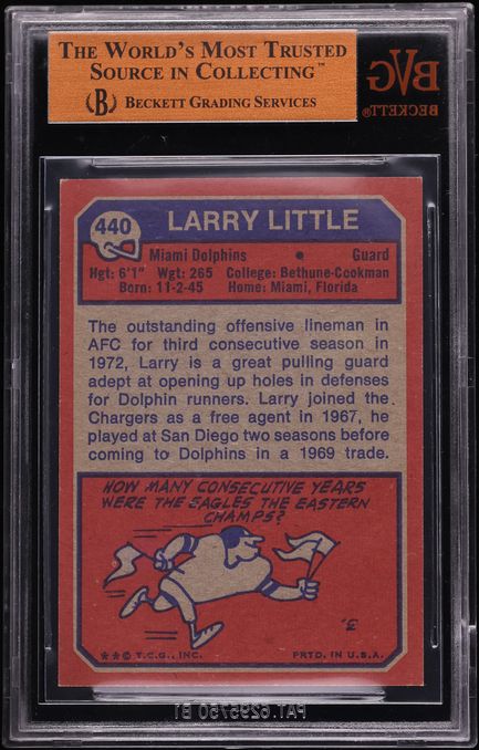 1973 Topps Football Larry Little #440 BVG 8 NM-MT