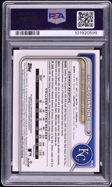 2024 Bowman Chrome Draft Green Refractor Jac Caglianone PROSPECT AUTO /99 #CPA-JC PSA 9 MINT