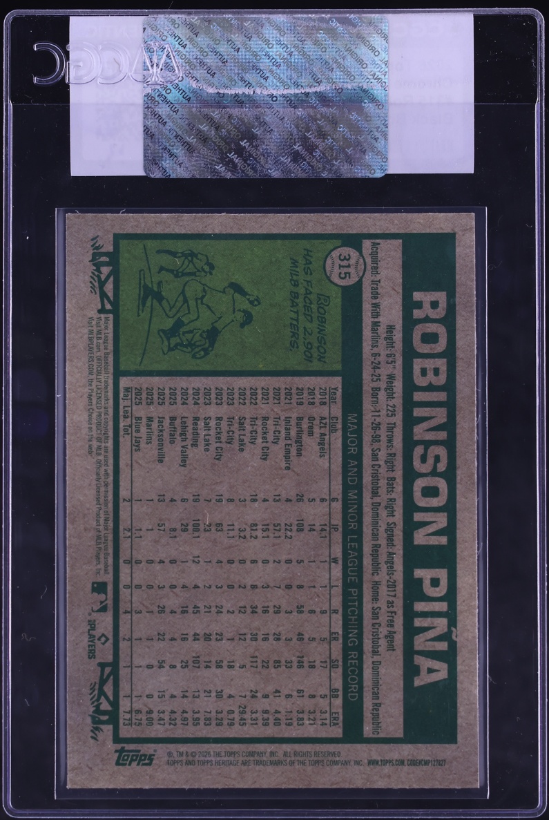 2026 Topps Heritage Chrome Black Border Refractor Robinson Pina ROOKIE /77 #315 CGC AUTH