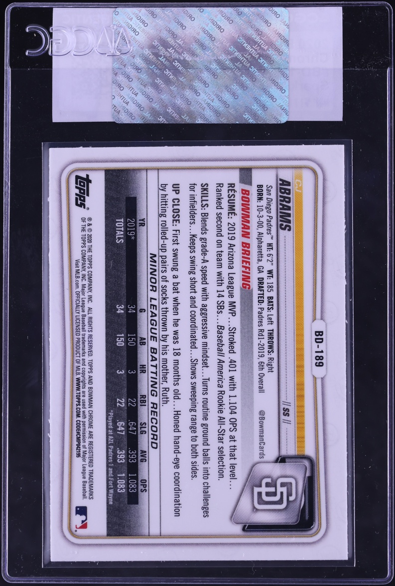 2020 Bowman Chrome Draft Prospects Sparkle Refractor CJ Abrams PROSPECT #BD-189 CGC AUTH