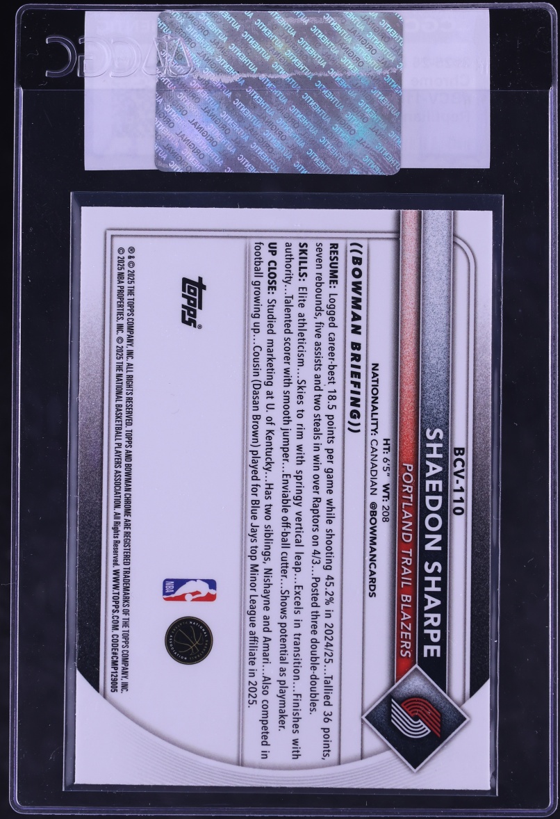 2025 Bowman Chrome Reptilian Refractor Shaedon Sharpe #BCV-110 CGC AUTH