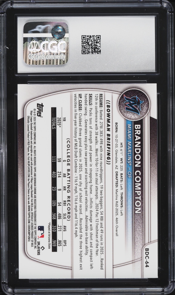 2025 Bowman Chrome Draft Fuchsia Reptilian Refractor Brandon Compton PROSPECT /199 #BDC64 CGC 9