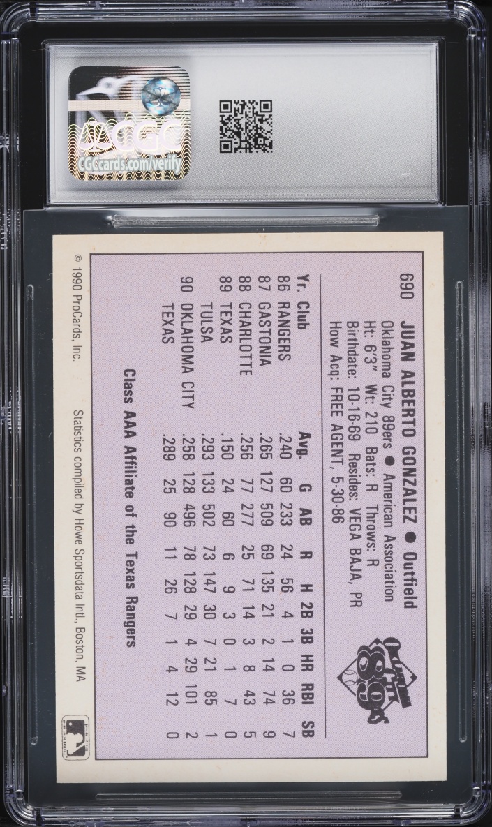 1990 ProCards Oklahoma City 89ers Juan Gonzalez #690 CGC 9 MINT