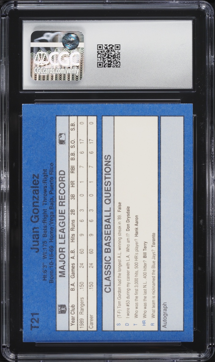 1990 Classic Pink Travel Edition Juan Gonzalez #T21 CGC 9 MINT