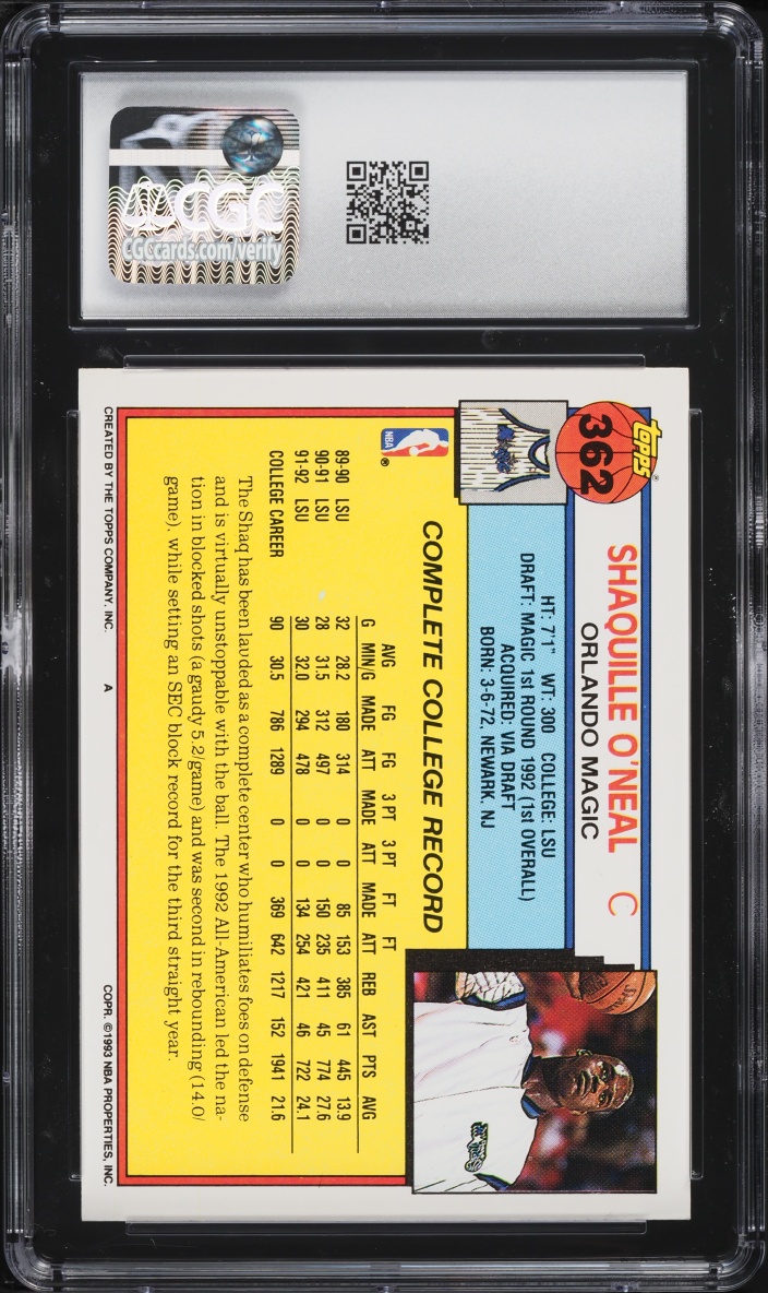 1992 Topps Basketball Shaquille O'Neal ROOKIE #362 CGC 7 NRMT