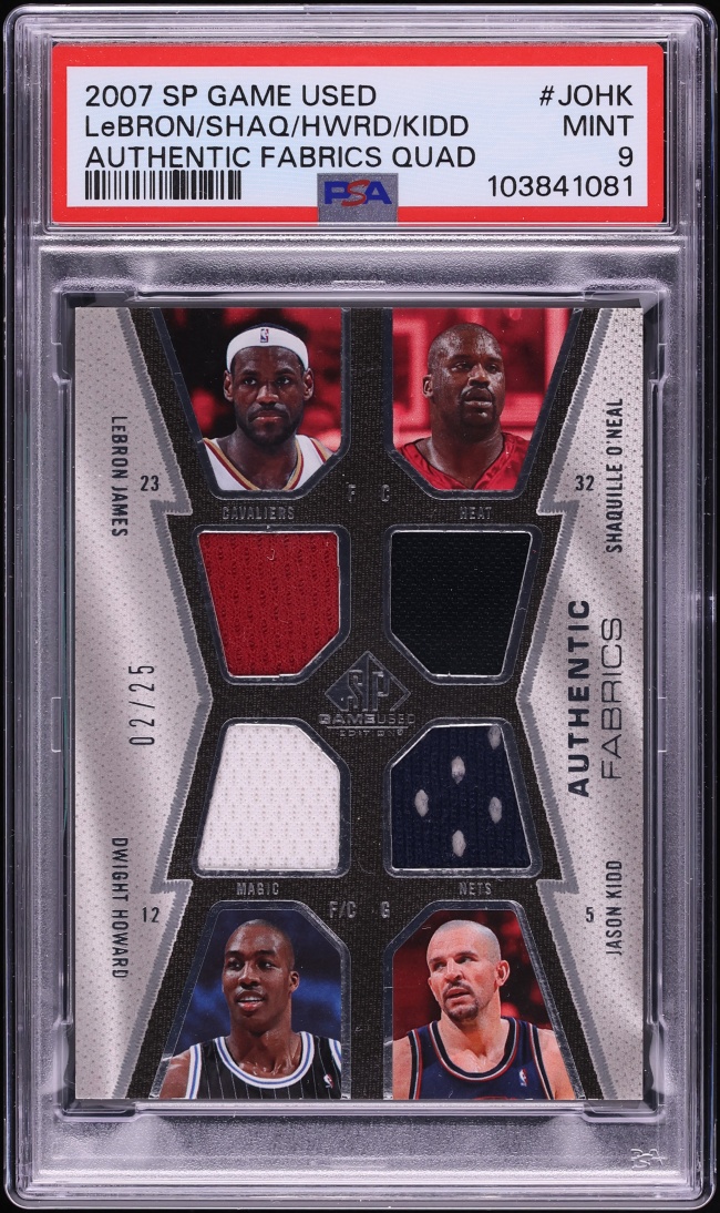 2007 SP Game Used Authentic Fabrics Quad LeBron Shaquille Howard Kidd PATCH /25 #JOHK PSA 9