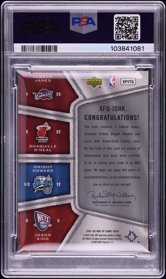 2007 SP Game Used Authentic Fabrics Quad LeBron Shaquille Howard Kidd PATCH /25 #JOHK PSA 9