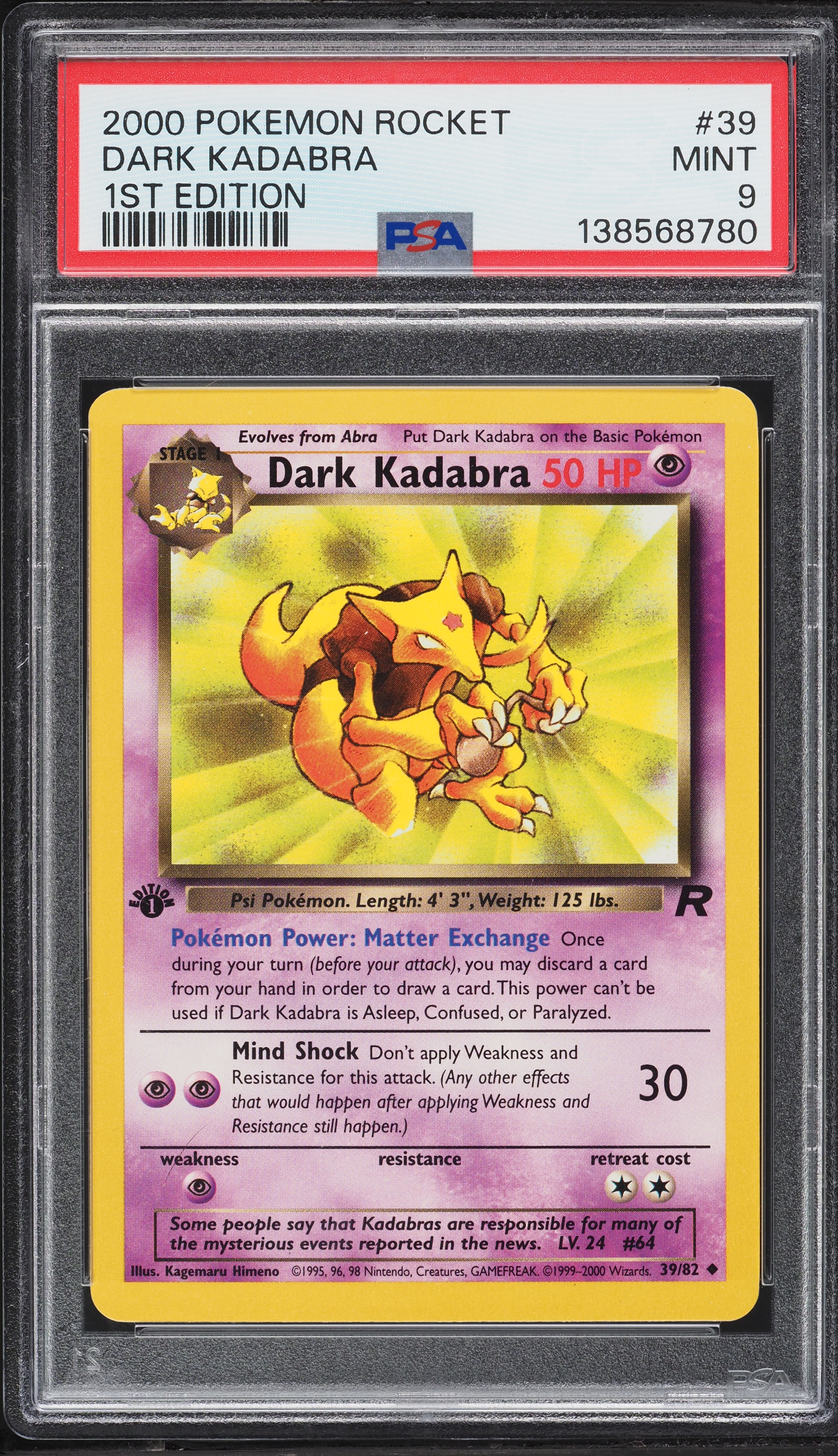1995 dark kadabra pokemon card value 2000 Team Rocket 1st Edition #39 PSA 9 MINT on Fanatics Collect Retreat Cost Pokemon - Dark Kadabra (39)