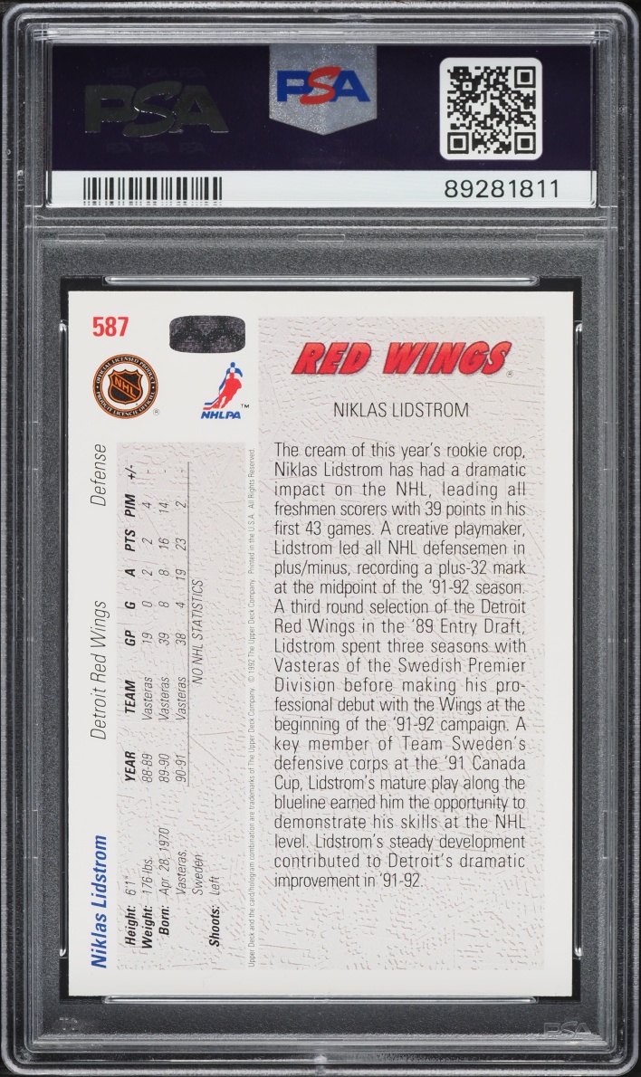 1991 Upper Deck Young Guns Nicklas Lidstrom ROOKIE #587 PSA 9 MINT