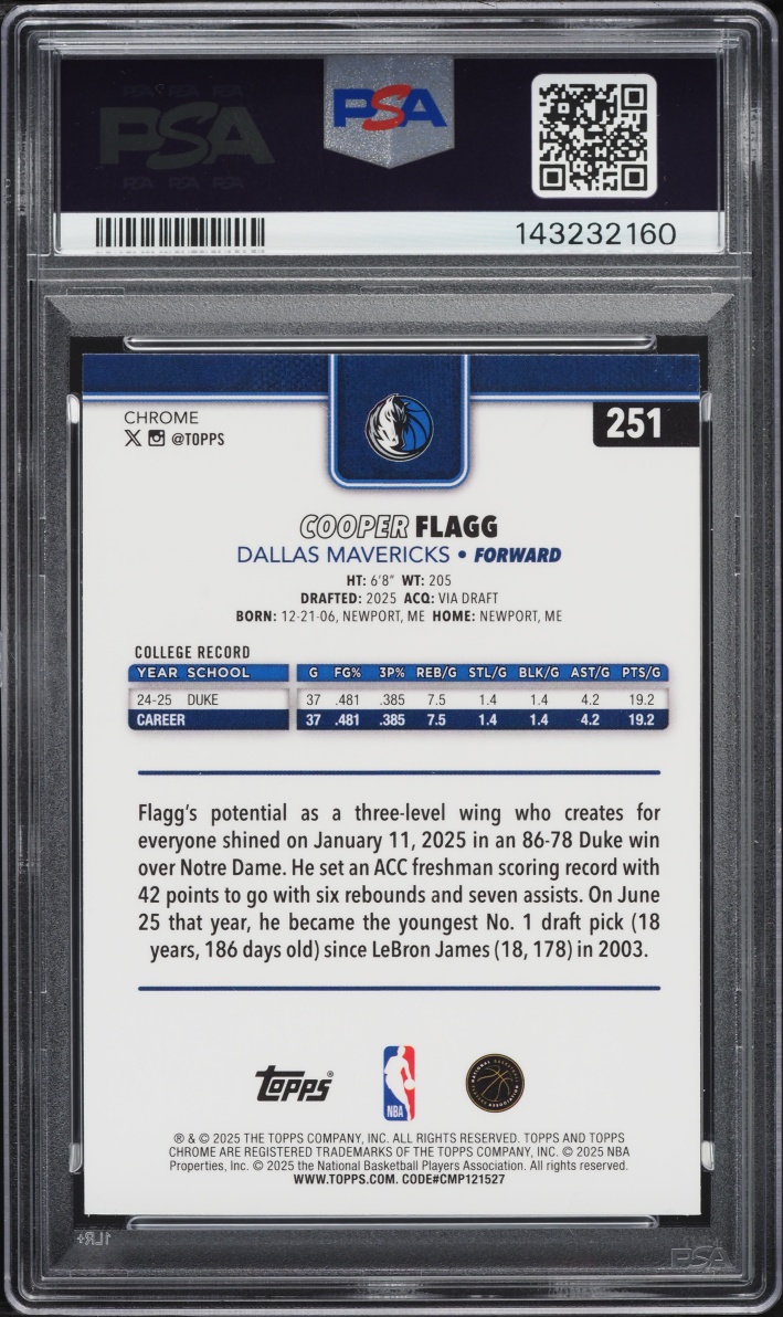 2025 Topps Chrome Xfractor Cooper Flagg ROOKIE #251 PSA 10 GEM MINT