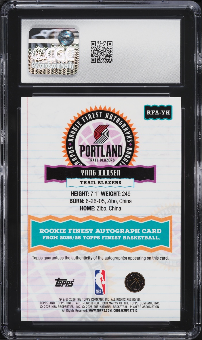 2025 Finest Gold Refractor Yang Hansen ROOKIE AUTO /50 #RFA-YH CGC 9 MINT