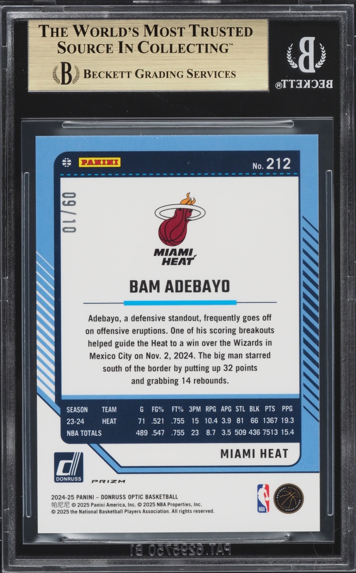2024 Donruss Optic Gold Bam Adebayo /10 #212 BGS 9.5 GEM MINT
