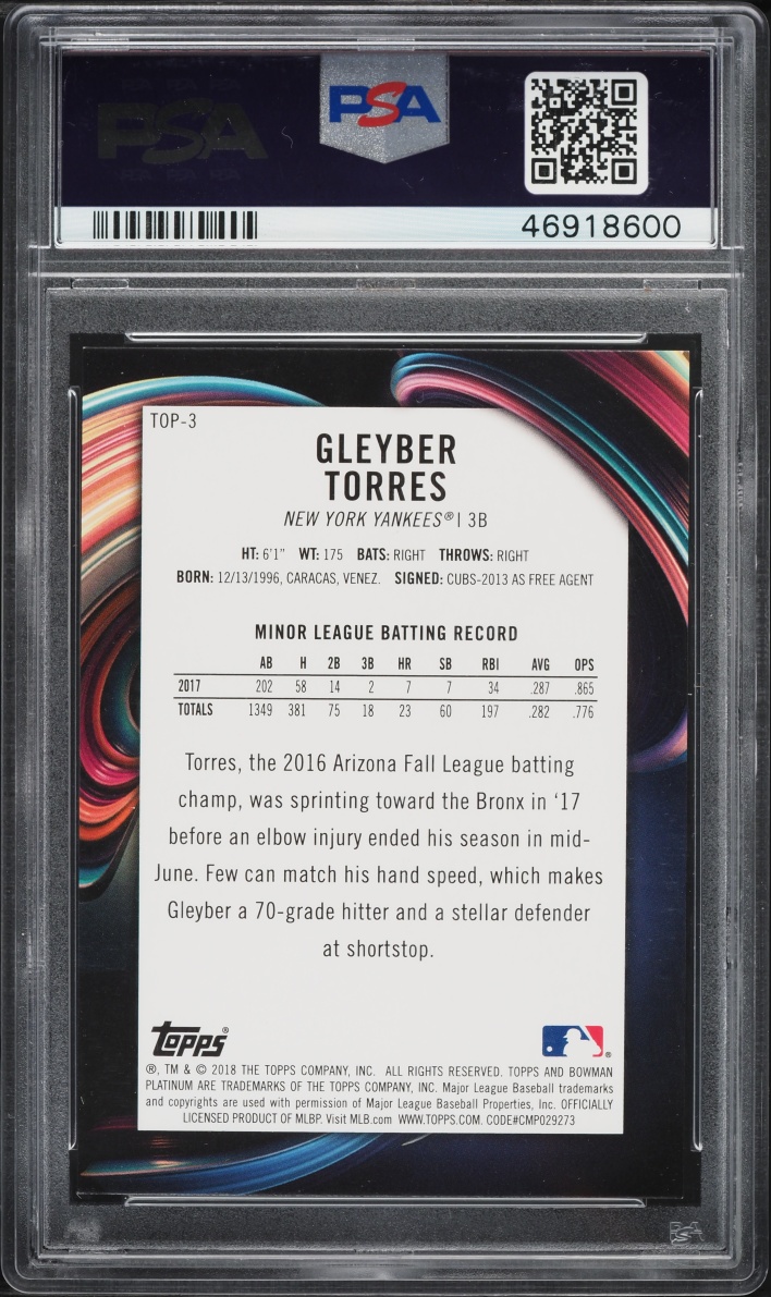 2018 Bowman Platinum Top Orange Gleyber Torres PROSPECT /25 #TOP-3 PSA 10 GEM MINT