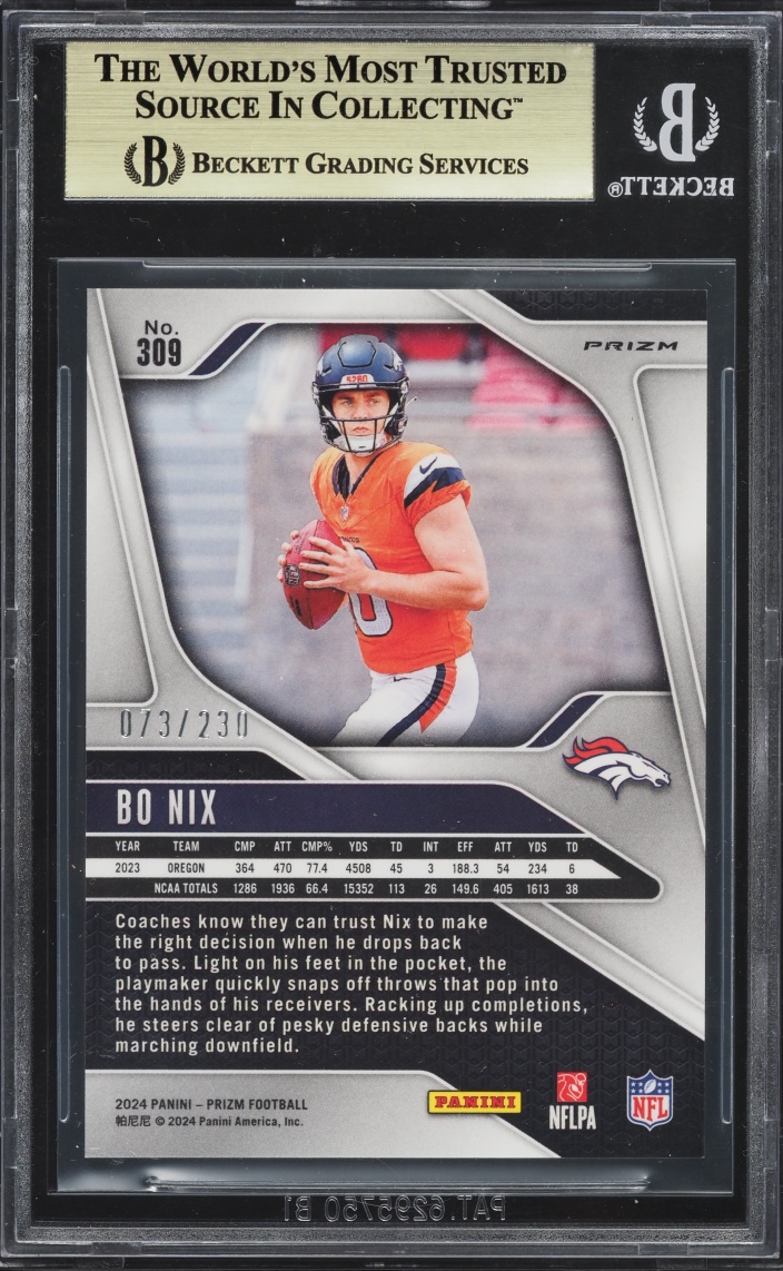 2024 Panini Prizm Blue Wave Bo Nix ROOKIE /230 #309 BGS 9.5 GEM MINT
