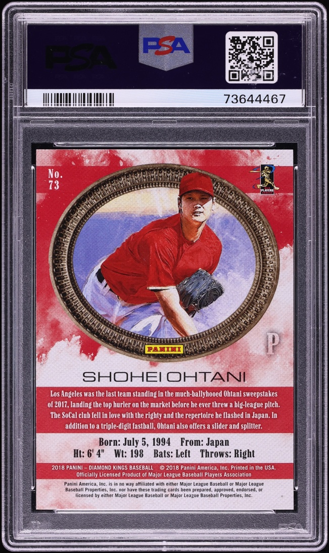 2018 Panini Diamond Kings Pitching No Pinstripe Shohei Ohtani ROOKIE #73 PSA 10 GEM MINT