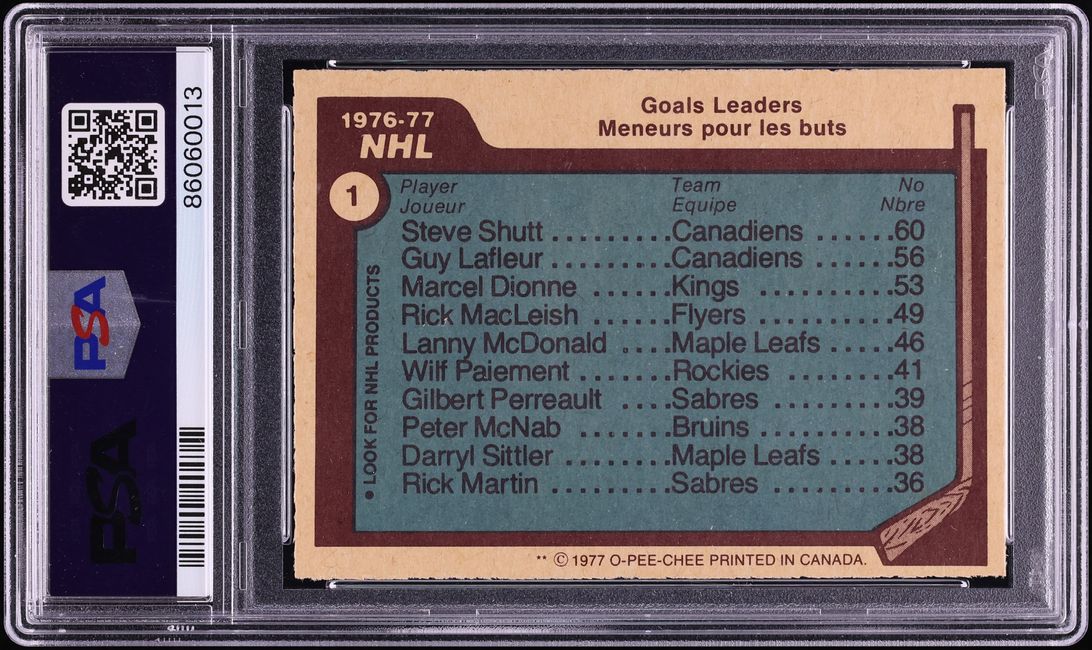 1977 O-Pee-Chee Hockey Steve Shutt Guy Lafleur Marcel Dionne Leaders #1 PSA 10 GEM MINT