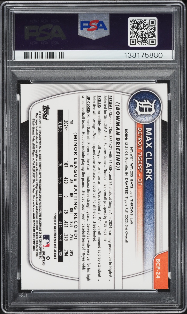 2025 Bowman Chrome Reptilian Refractor Max Clark PROSPECT #BCP24 PSA 10 GEM MINT