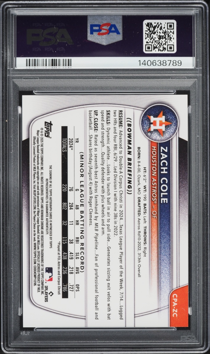 2025 Bowman Chrome Purple Refractor Zach Cole PROSPECT AUTO /250 #CPAZC PSA 9 MINT