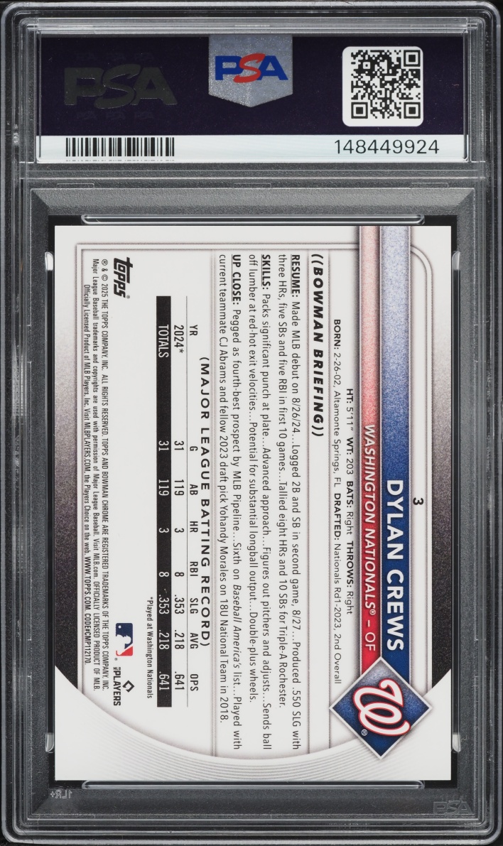 2025 Bowman Chrome Etched In Glass Variation Dylan Crews ROOKIE #3 PSA 9 MINT