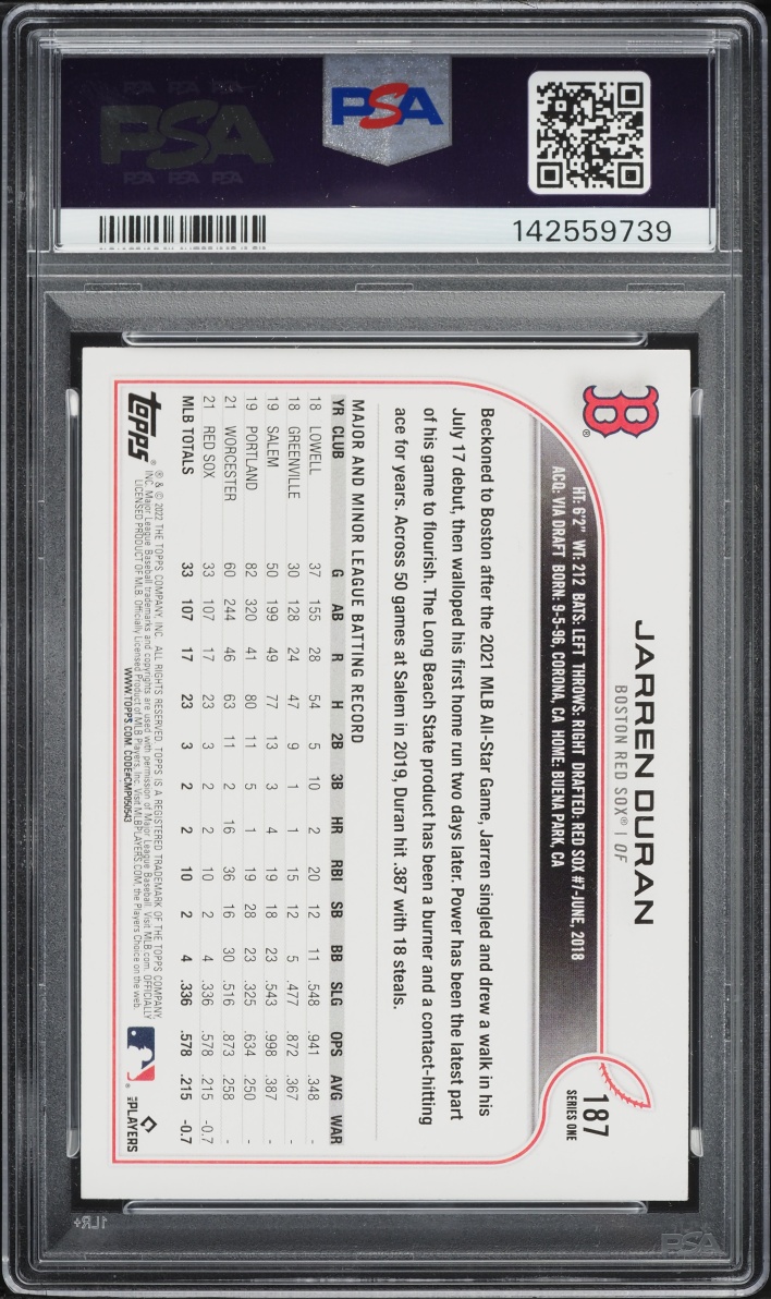 2022 Topps Jarren Duran ROOKIE #187 PSA 9 MINT