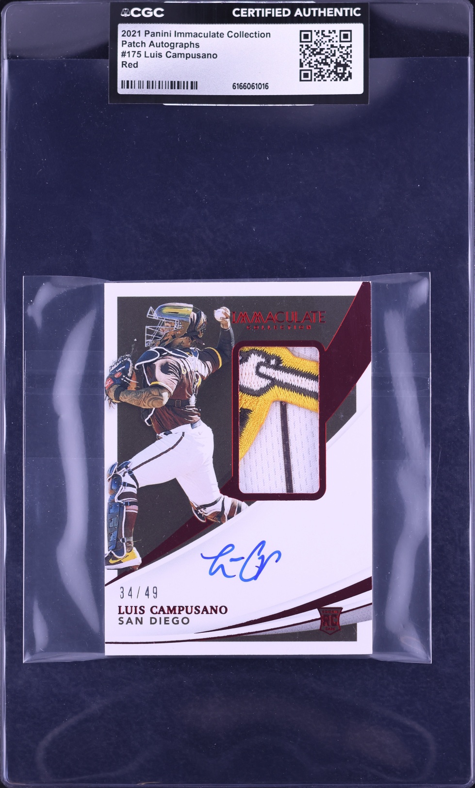 2021 Immaculate Collection Red Luis Campusano ROOKIE PATCH AUTO /49 #175 CGC AUTH