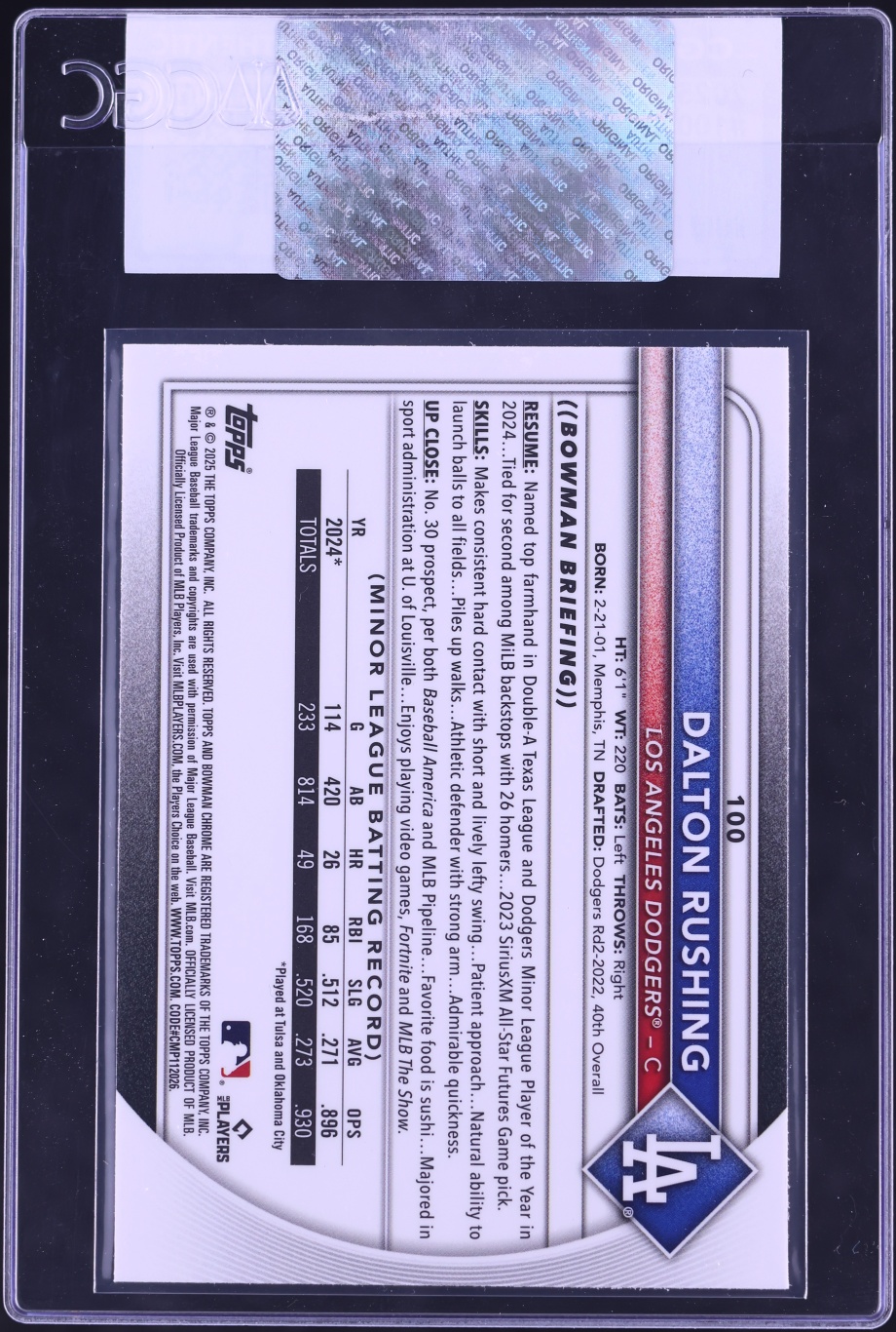2025 Bowman Chrome Dalton Rushing ROOKIE #100 CGC AUTH