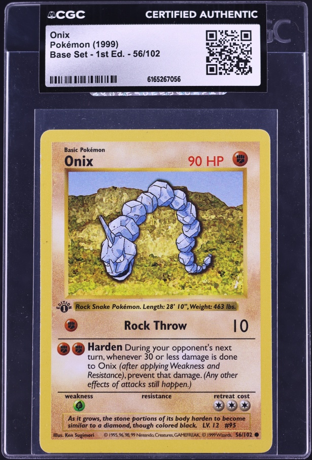 1999 Pokemon Base Set Shadowless 1st Edition Onix #56 CGC AUTH