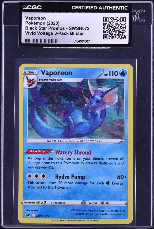2020 Pokemon Sword & Shield Promos Vivid Voltage Blister Holo Vaporeon #SWSH072 CGC AUTH