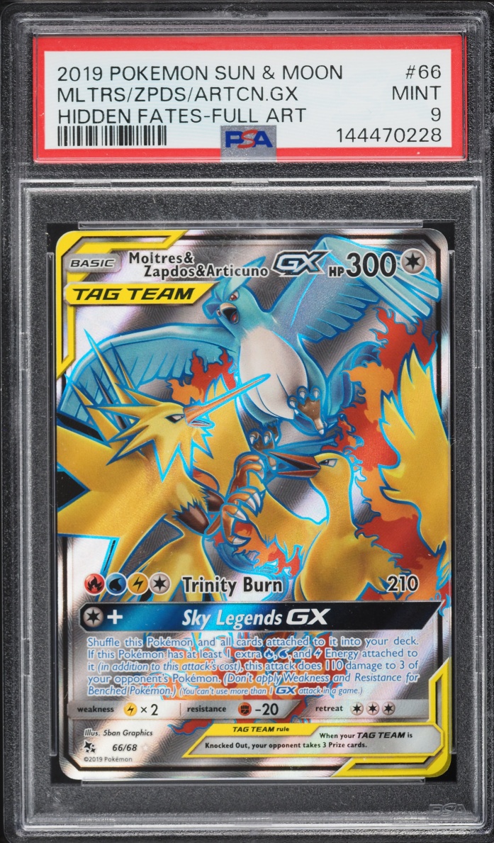 2019 Pokemon Sun & Moon Hidden Fates Full Art Moltres & Zapdos & Articuno GX #66 PSA 9 MINT