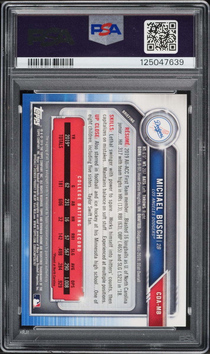 2019 Bowman Chrome Draft Michael Busch PROSPECT AUTO #CDA-MB PSA 10 GEM MINT