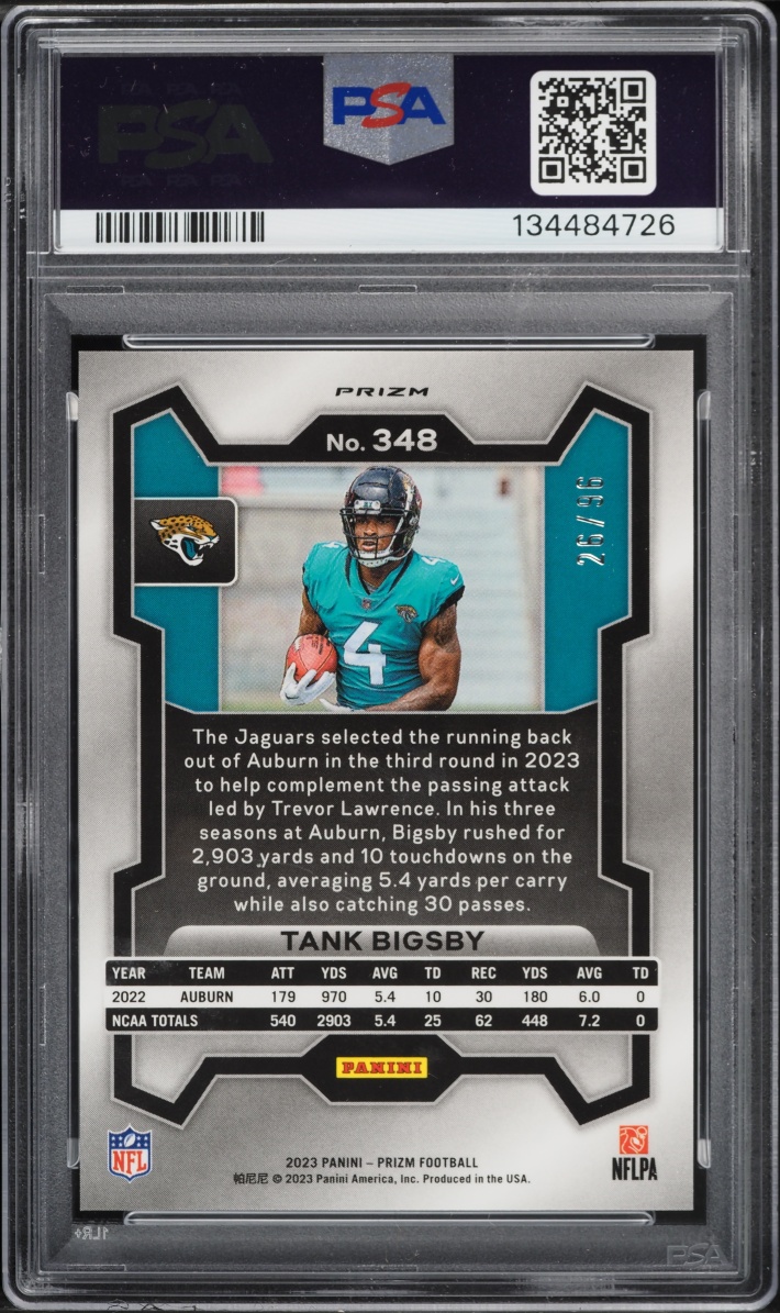 2023 Panini Prizm Blue Sparkle Tank Bigsby ROOKIE /96 #348 PSA 9 MINT