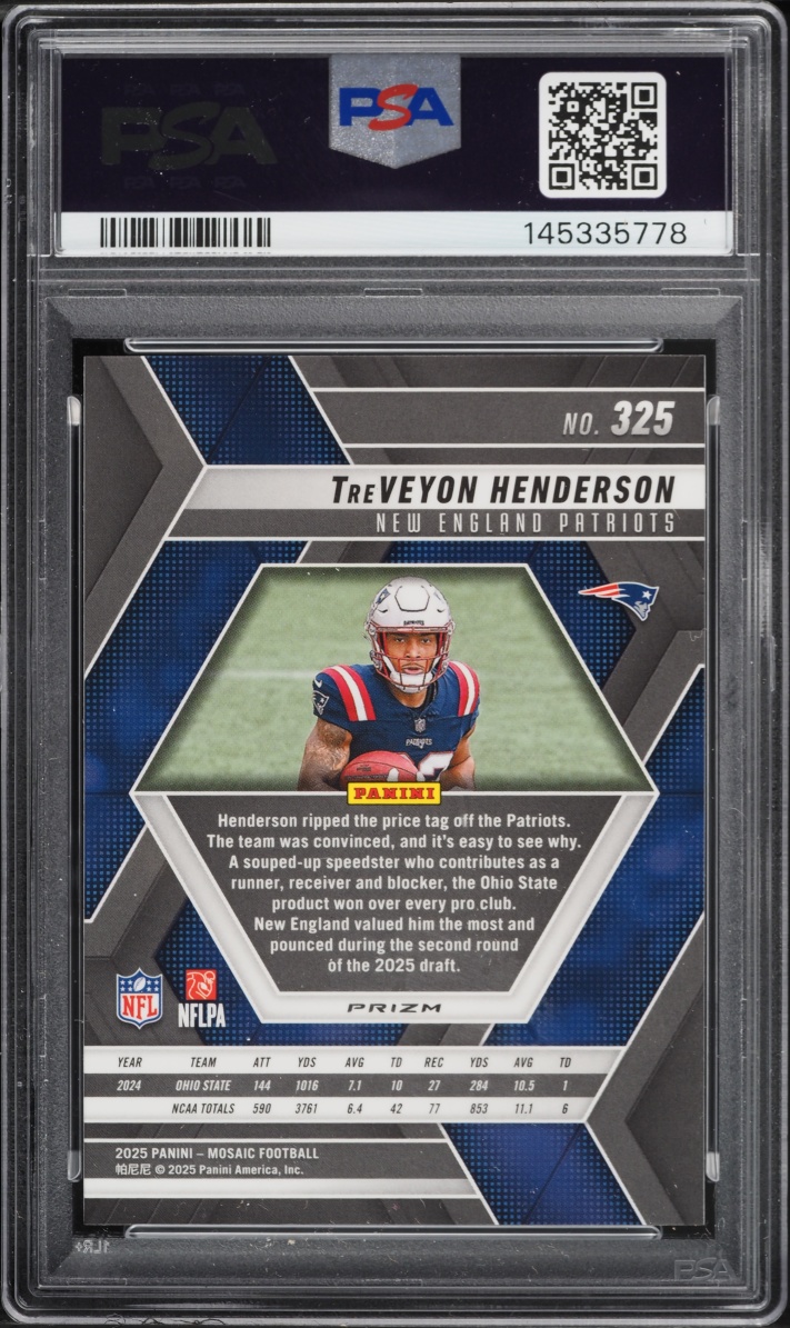 2025 Panini Mosaic Red & White Stripe TreVeyon Henderson ROOKIE #325 PSA 8 NM-MT
