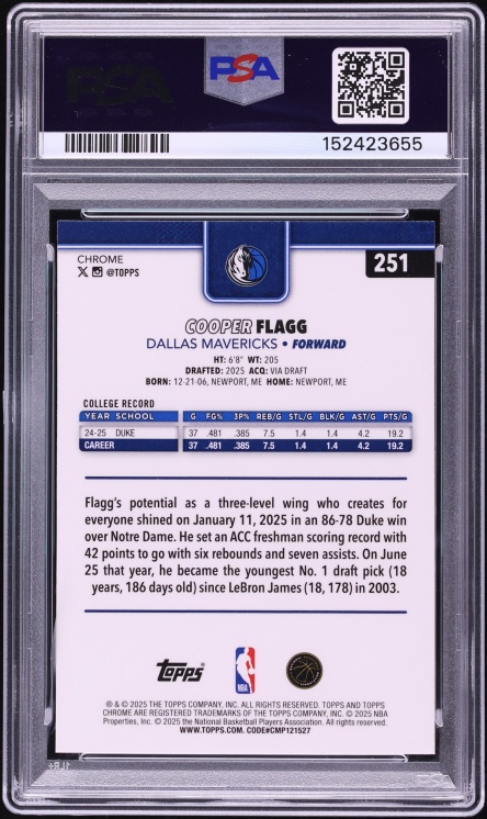 2025 Topps Chrome Sapphire Cooper Flagg ROOKIE #251 PSA 10 GEM MINT