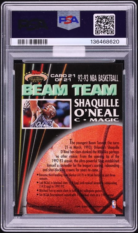 1992 Stadium Club Beam Team Shaquille O'Neal ROOKIE AUTO DNA 10 #21 MBA PSA 8 NM-MT