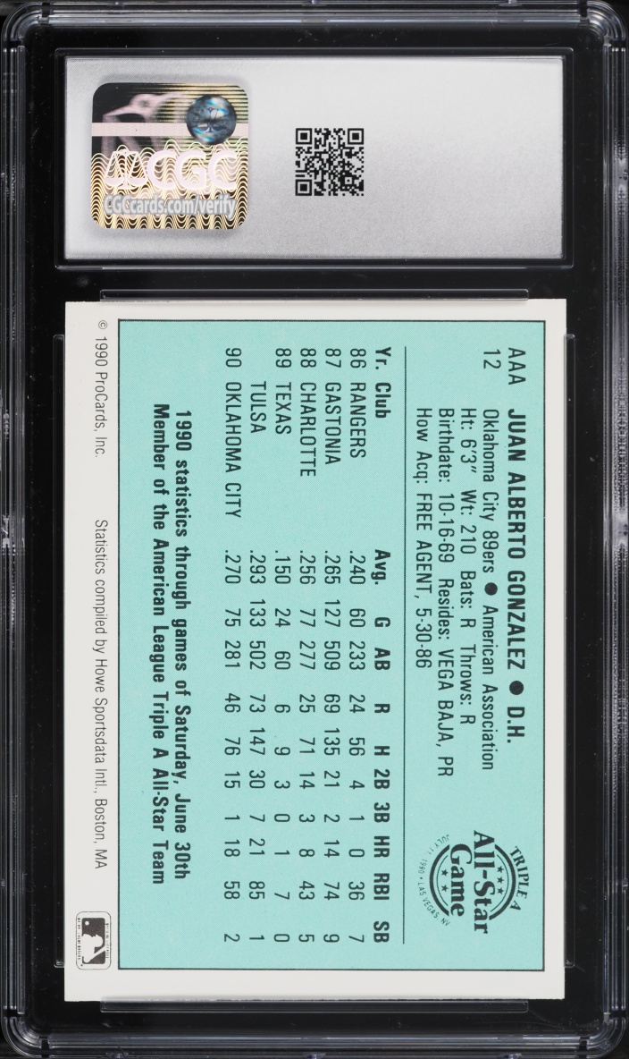 1990 ProCards Triple A All-Stars Juan Gonzalez #AAA12 CGC 8 NM-MT