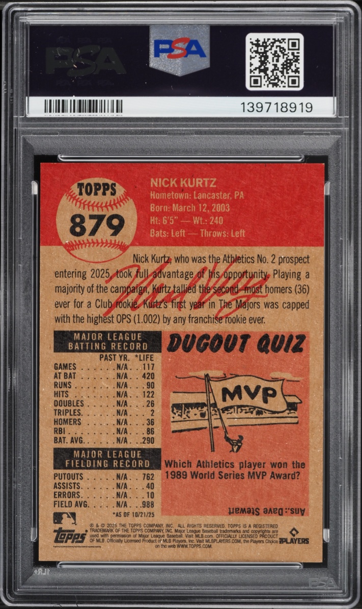 2025 Topps Living Nick Kurtz ROOKIE #879 PSA 9 MINT