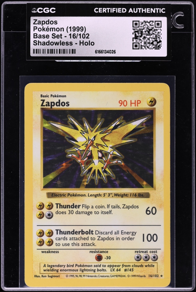 1999 Pokemon Base Set Shadowless Holo Zapdos #16 CGC AUTH
