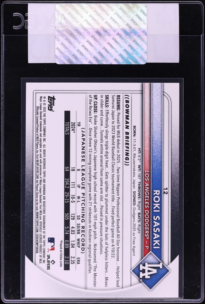 2025 Bowman Roki Sasaki ROOKIE #12 CGC AUTH
