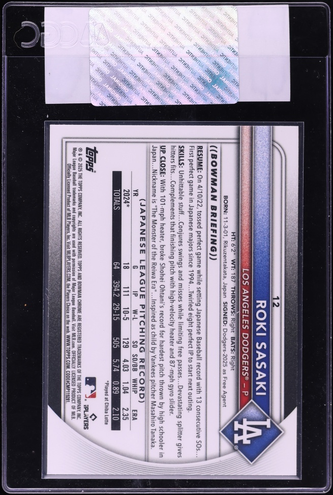 2025 Bowman Chrome Red Redemption Roki Sasaki ROOKIE #12 CGC AUTH