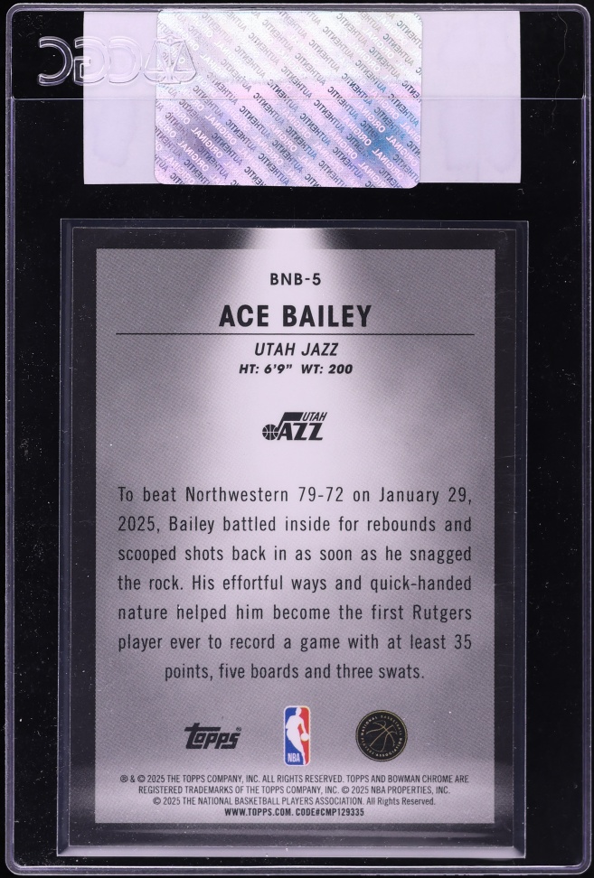 2025 Bowman Chrome Spotlights NBA Ace Bailey ROOKIE #BNB-5 CGC AUTH