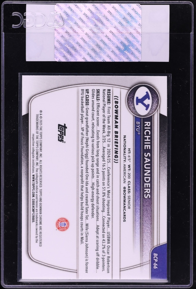 2025 Bowman Chrome U Richie Saunders PROSPECT #BCP-66 CGC AUTH