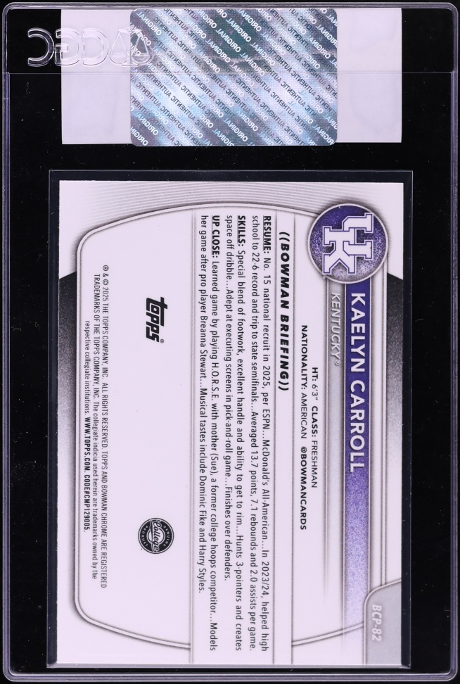 2025 Bowman Chrome University Reptilian Refractor Kaelyn Carroll PROSPECT #BCP-82 CGC AUTH