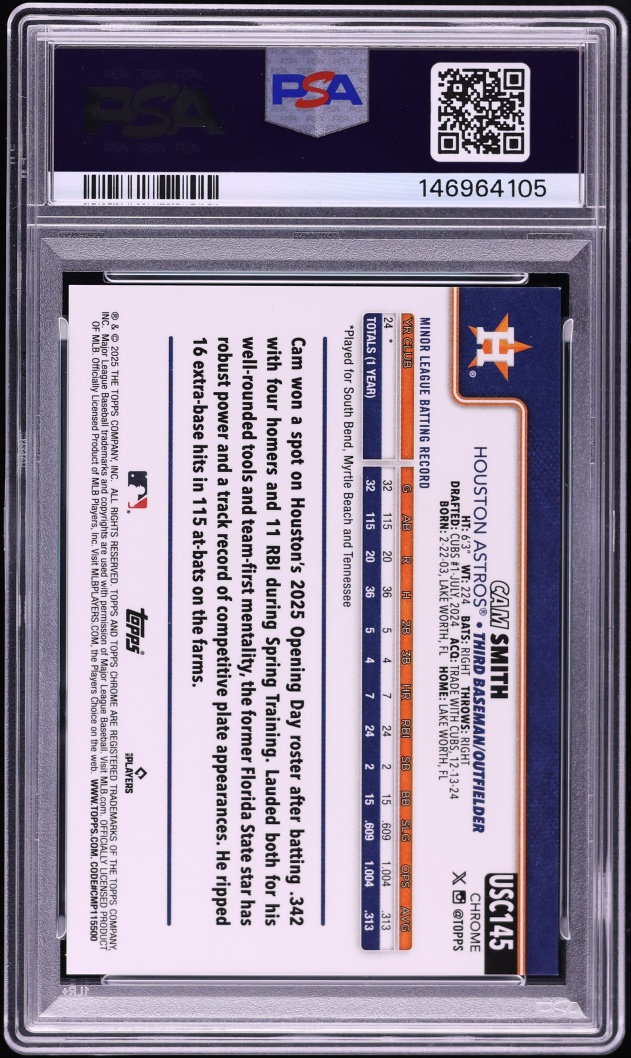 2025 Topps Chrome Sapphire Update Series Orange Cam Smith ROOKIE /25 #145 PSA 9 MINT